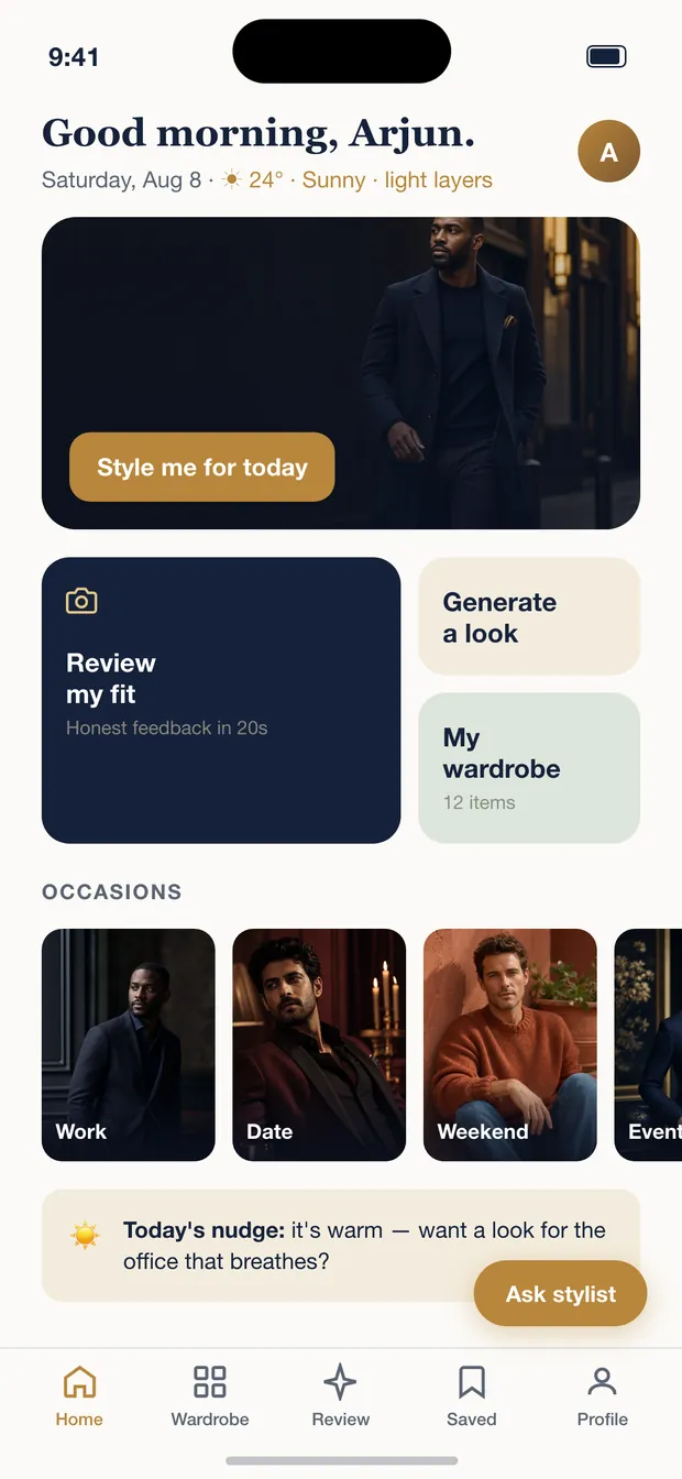 The home screen, showing today's look and recent outfits.