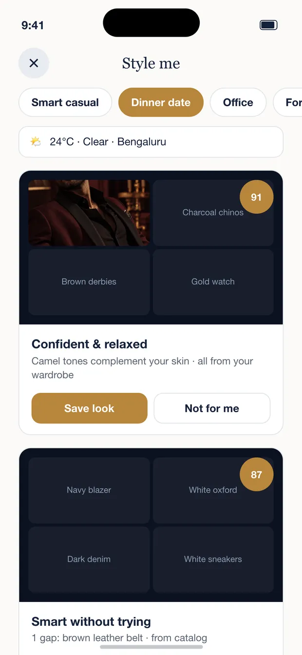 The outfits screen, showing generated combinations from your own clothes.