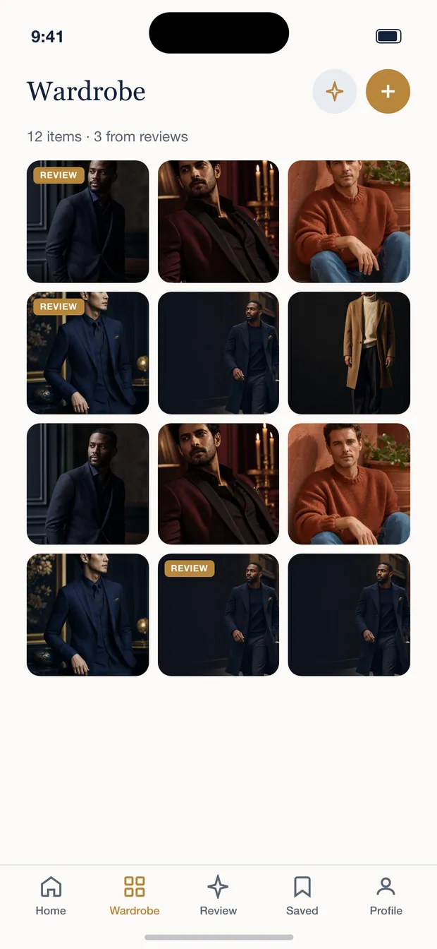 The wardrobe screen, showing a grid of catalogued garments.