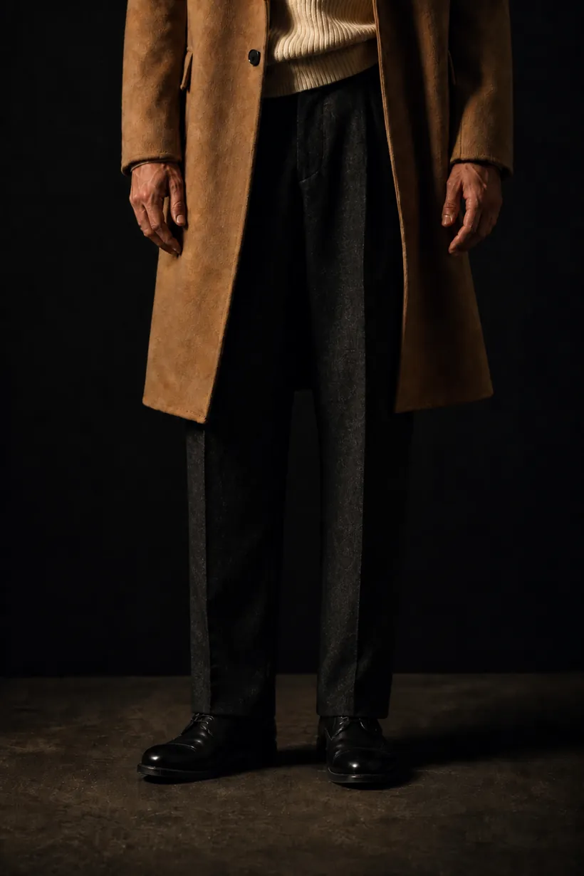 The same trousers hemmed to one clean break over a near-black derby.