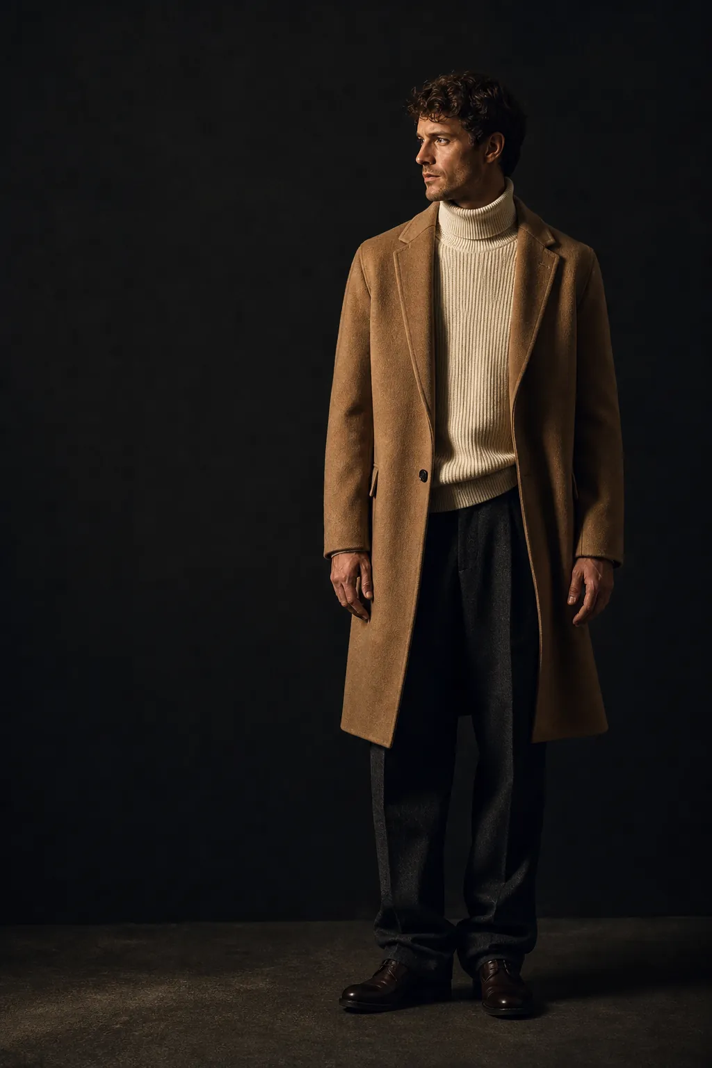 A man in a camel overcoat, cream roll-neck and charcoal trousers, standing in a dark studio.
