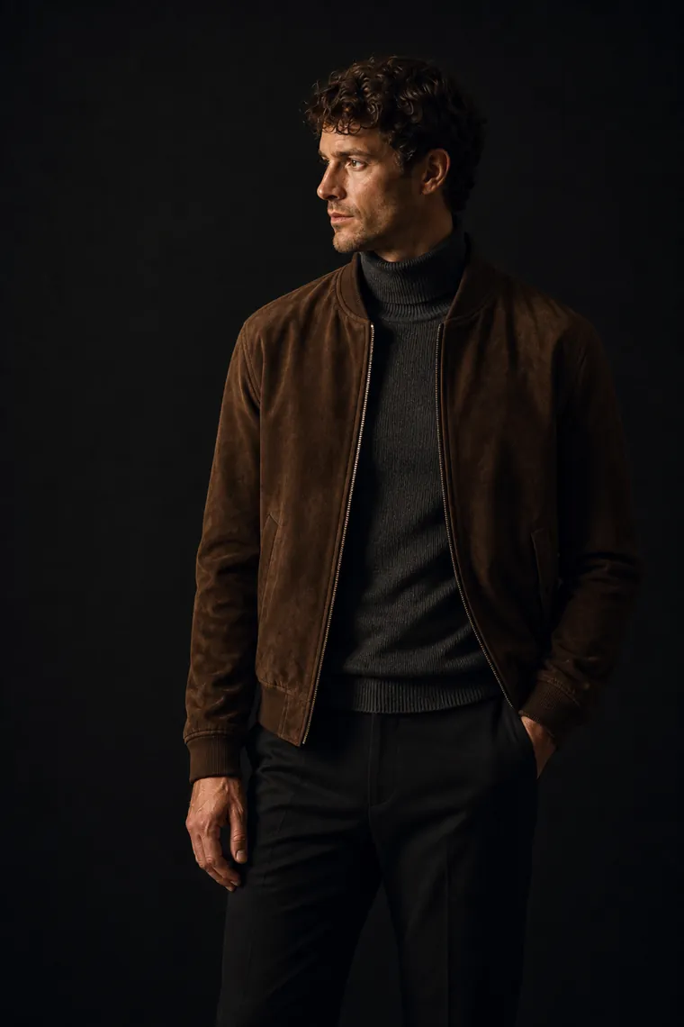 Dressed for an evening date in a suede bomber over a charcoal roll-neck.