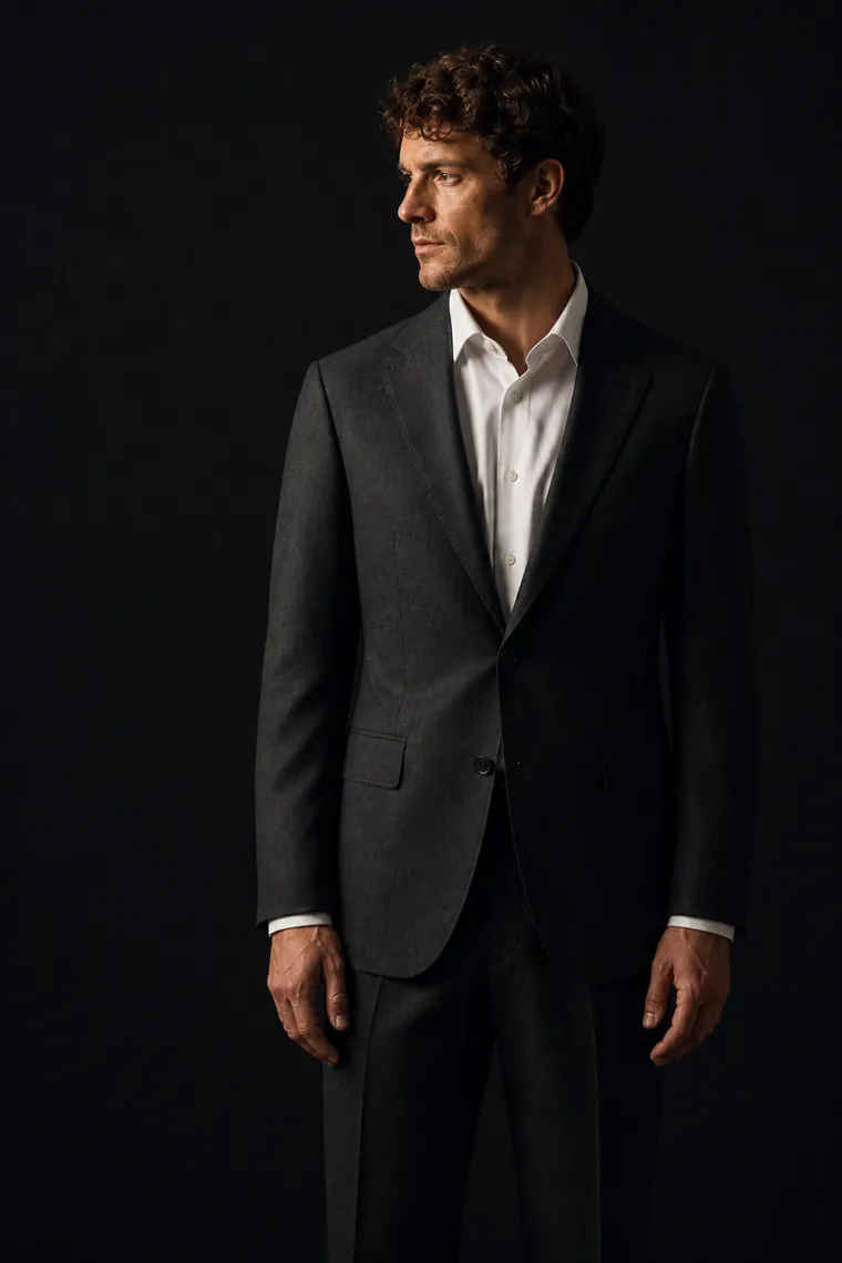 Dressed for an interview in a charcoal two-piece suit and white shirt.