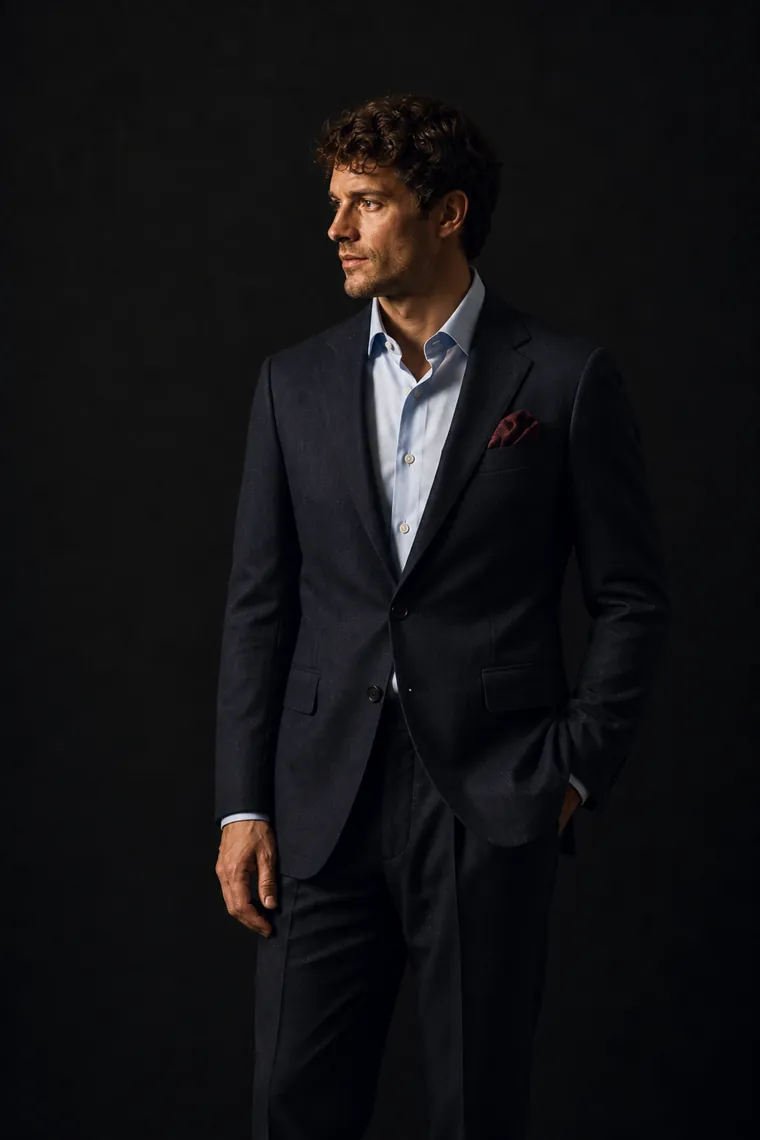 Dressed for a daytime wedding in a midnight blue suit with a burgundy pocket square.